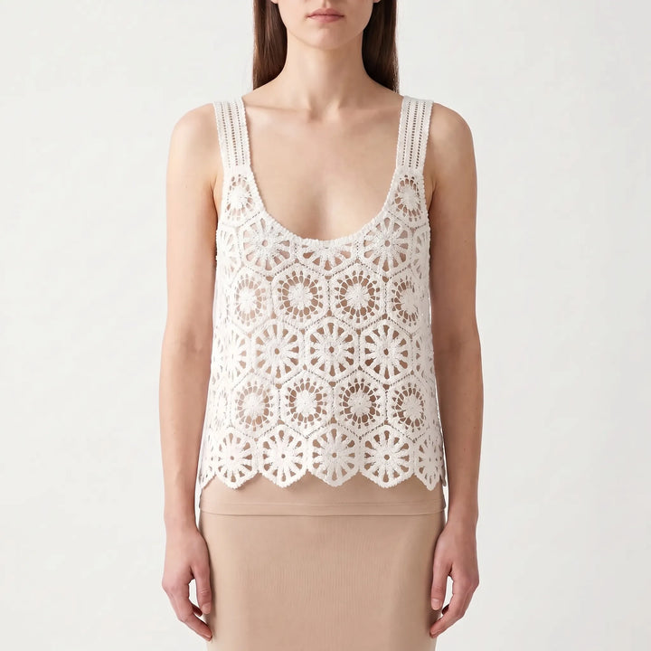 Summer Bohemian crochet knit sleeveless top, a stylish and breathable choice for beach outfits & vacation.