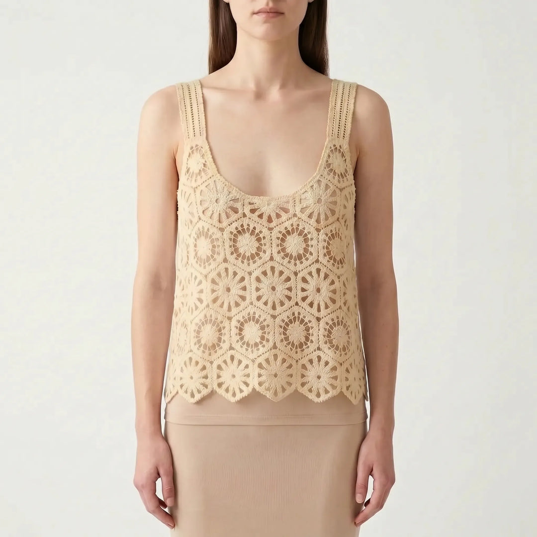 Detailed crochet knit women's sleeveless top in Bohemian style, perfect for summer, white or beige color.
