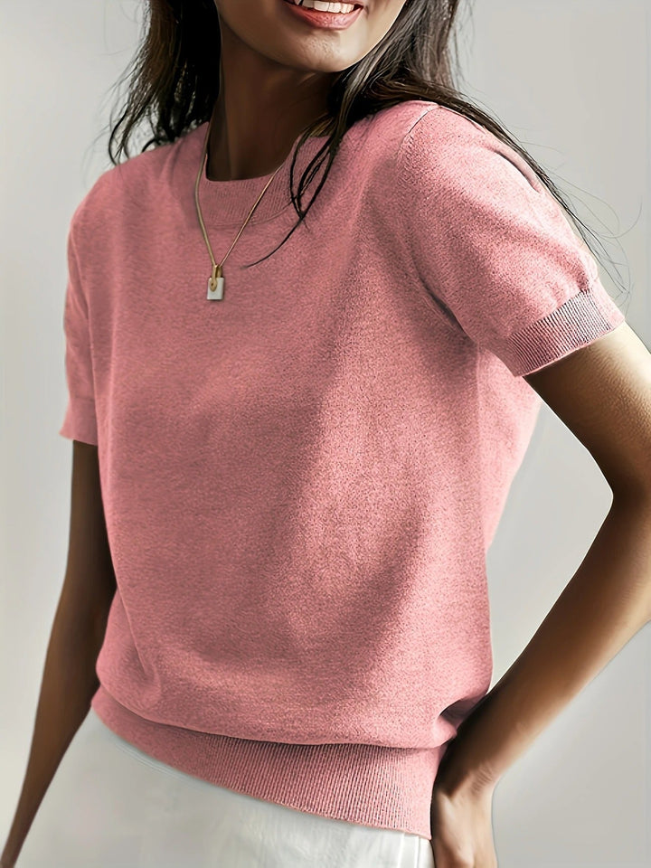 Yellow women's ribbed short sleeve top, crew neck style, ideal for a cheerful summer day.