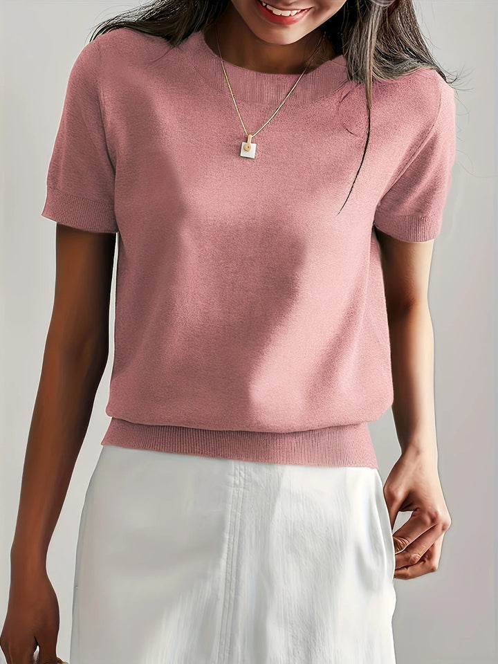 Classic white women's crew neck ribbed short sleeve top, breathable and comfortable.