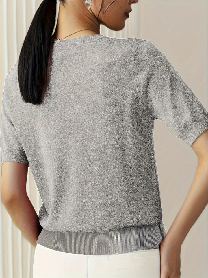 Light grey women's soft ribbed short sleeve top, a cozy crew neck tee for relaxed days.