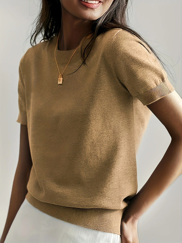 Tan women's everyday crew neck ribbed short sleeve tee, both stylish and comfortable.