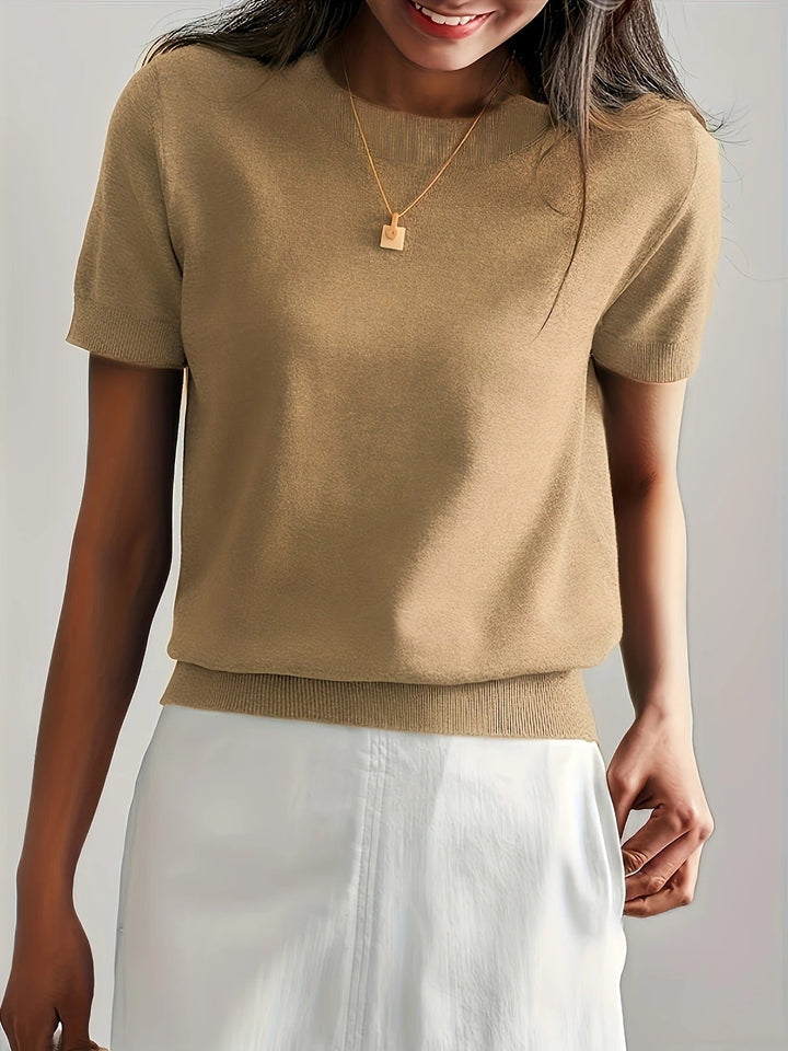 Olive green women's classic ribbed short sleeve top, a crew neck essential for casual fashion.