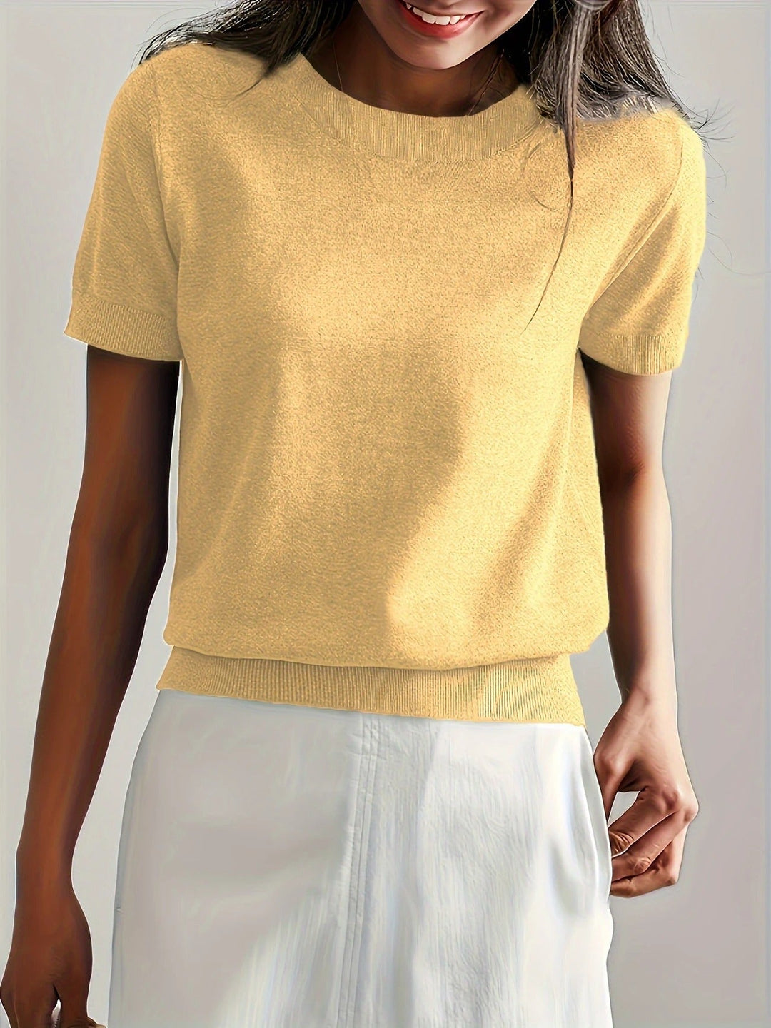 Sunny yellow women's summer ribbed short sleeve top, a bright crew neck tee for warm weather.