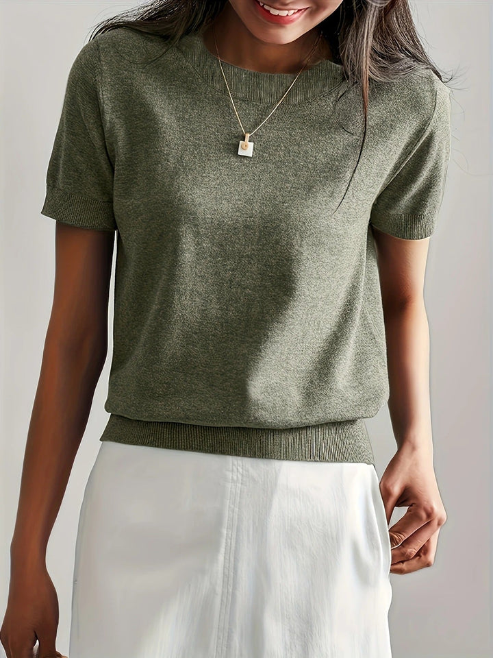 Grey women's crew neck ribbed short sleeve tee, a versatile & comfortable everyday top.