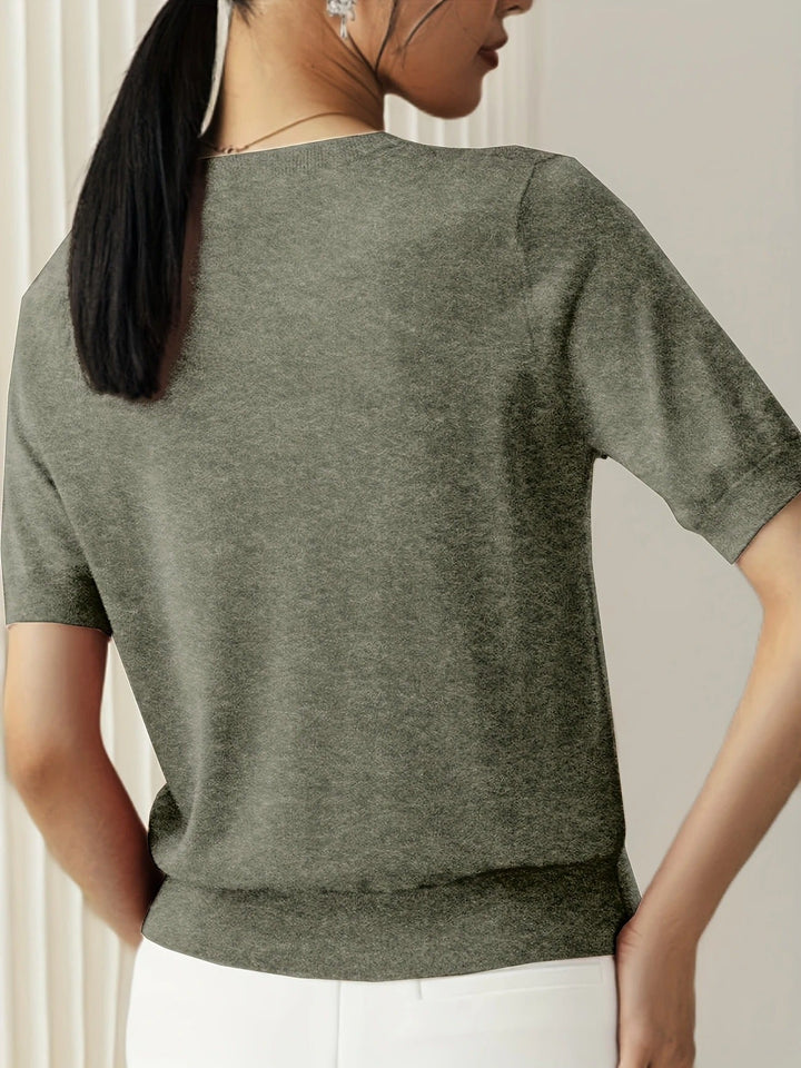 Beige women's ribbed short sleeve top, casual crew neck tee for relaxed spring comfort.