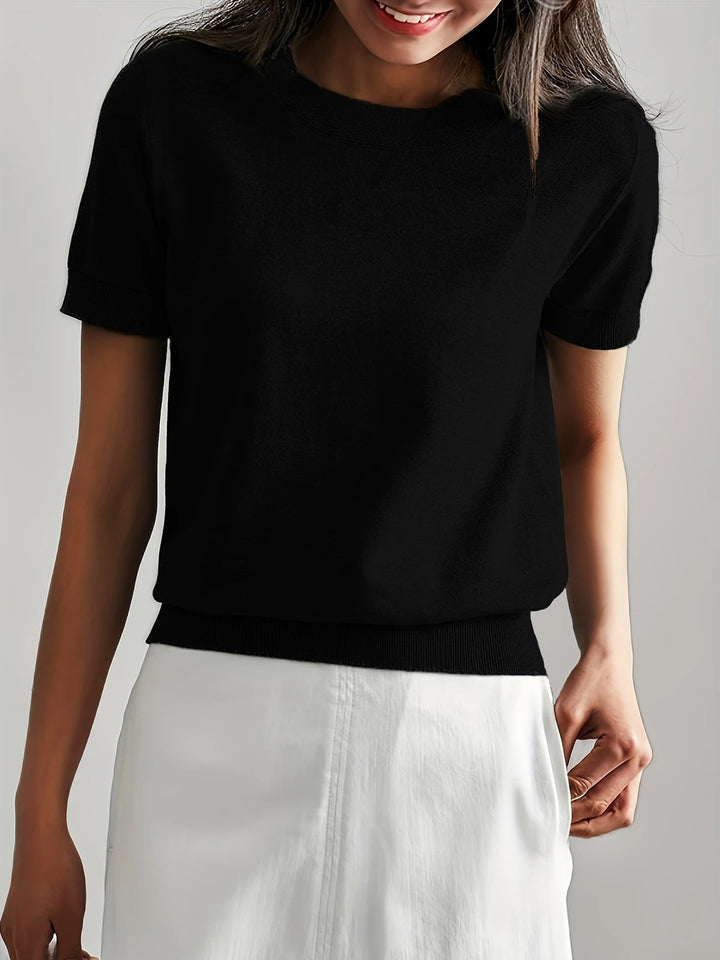 Blue women's short sleeve ribbed top, a versatile crew neck tee for summer casual looks.