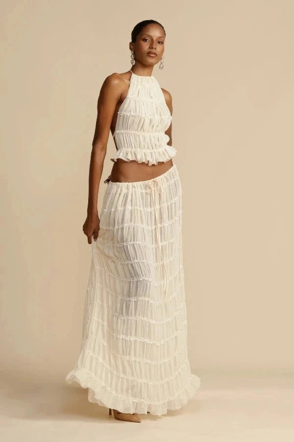 Model wearing a women's printed lounge two-piece set, ideal for comfort wear & stylish relaxation.