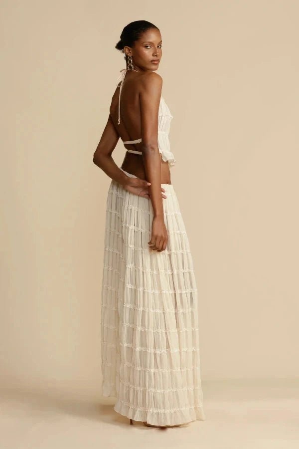 Detail shot of the unique print on a women's soft two-piece lounge co-ord set in white bliss.