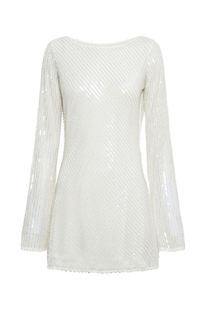 Stunning white sequin open back mini dress, a glamorous choice for any special occasion or party.