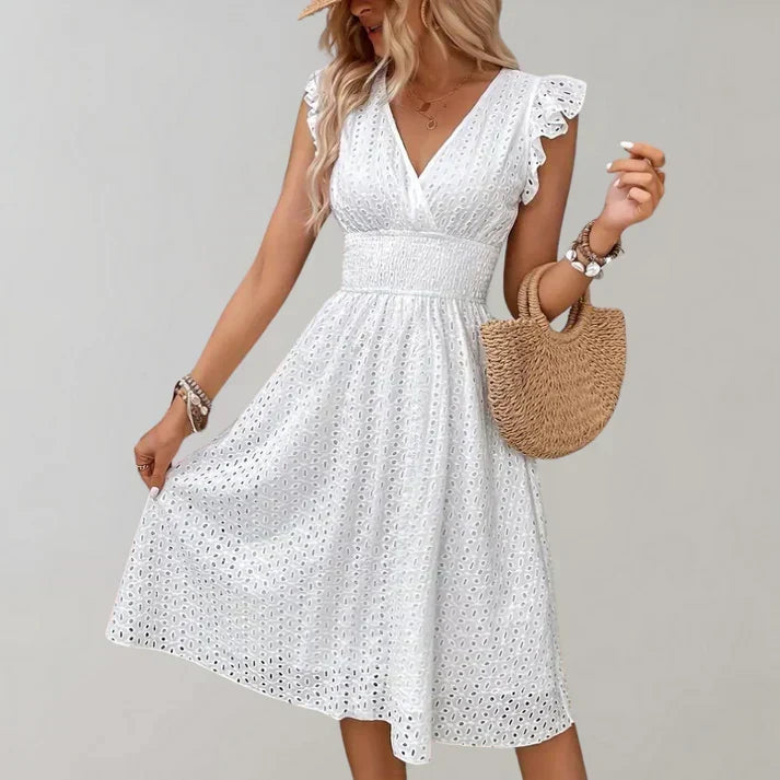 Women's white V-neck midi dress with elegant ruffled sleeves & flared skirt, perfect for spring/summer casual wear.