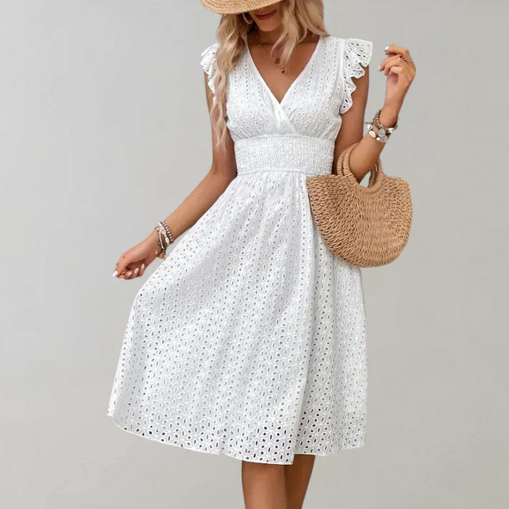 Elegant women's white V-neck ruffled midi dress, ideal for summer or spring events. Comfortable & chic casual wear.