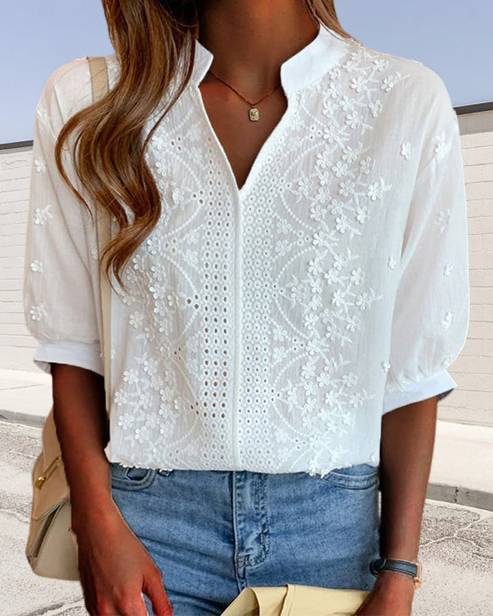 Elegant V-neck puff sleeve patchwork blouse for women, ideal for workwear & casual chic.