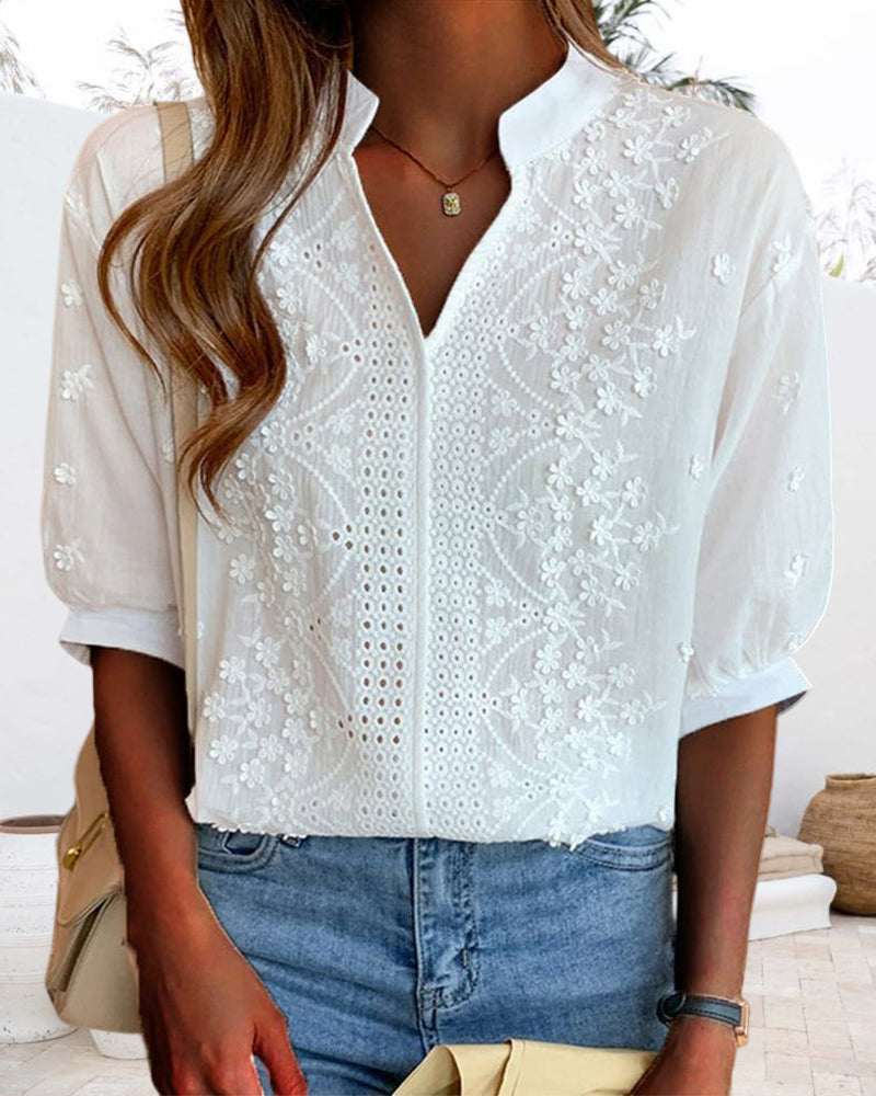 Versatile women's V-neck puff sleeve patchwork top, perfect for spring & summer fashion.