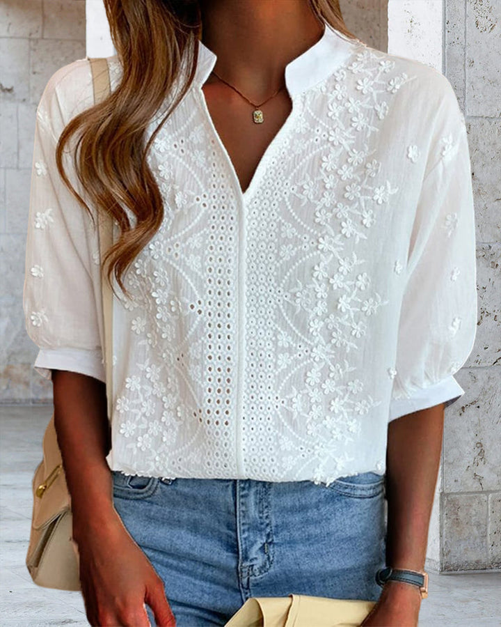 Spring/Summer women's V-neck puff sleeve blouse in white with stylish patchwork.