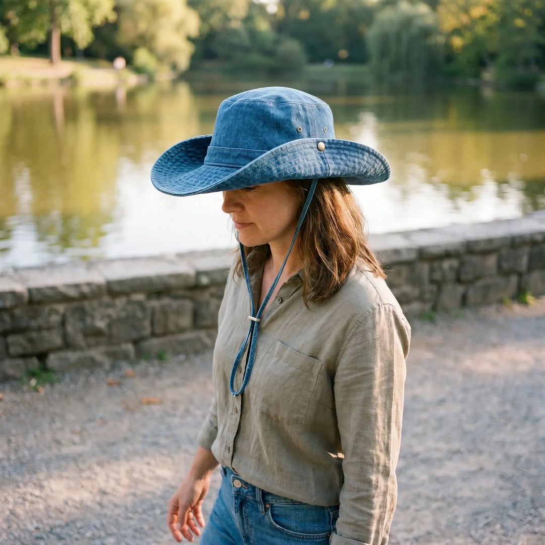 Women's wide brim sun bucket hat, stylish & portable, perfect for summer beach days or outdoor adventures.