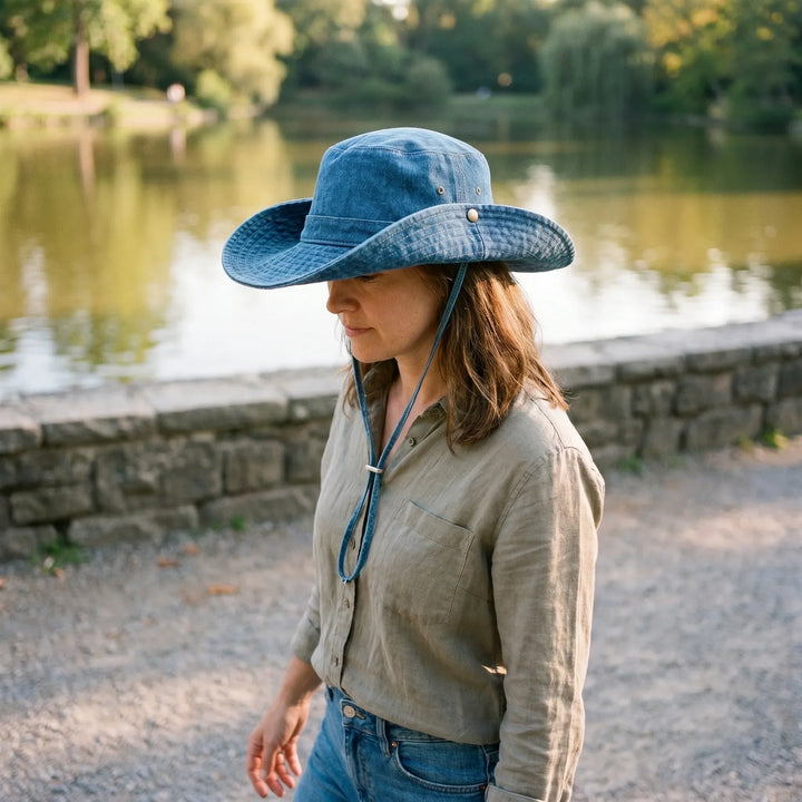 Women's wide brim sun bucket hat, stylish & portable, perfect for summer beach days or outdoor adventures.