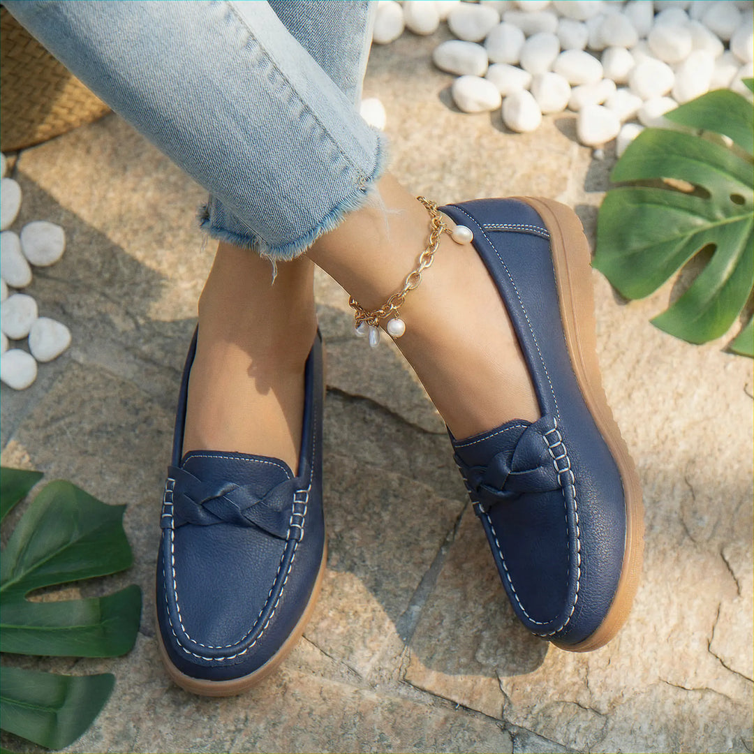 Close-up of the comfortable material on women's wide fit orthopedic loafers, arch support.