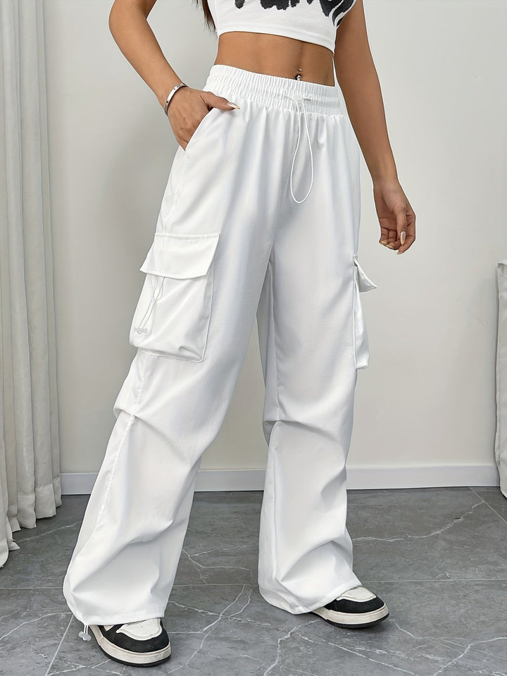 Women's wide leg cargo pants with drawstring waist, ideal for casual streetwear fashion.