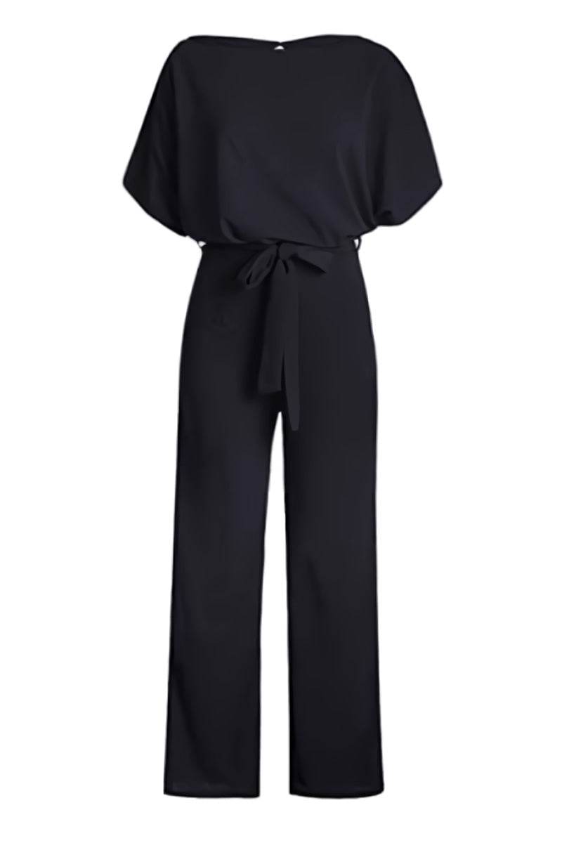 Elegant casual wide-leg jumpsuit for women, featuring comfortable batwing sleeves & chic, adjustable belted waist.