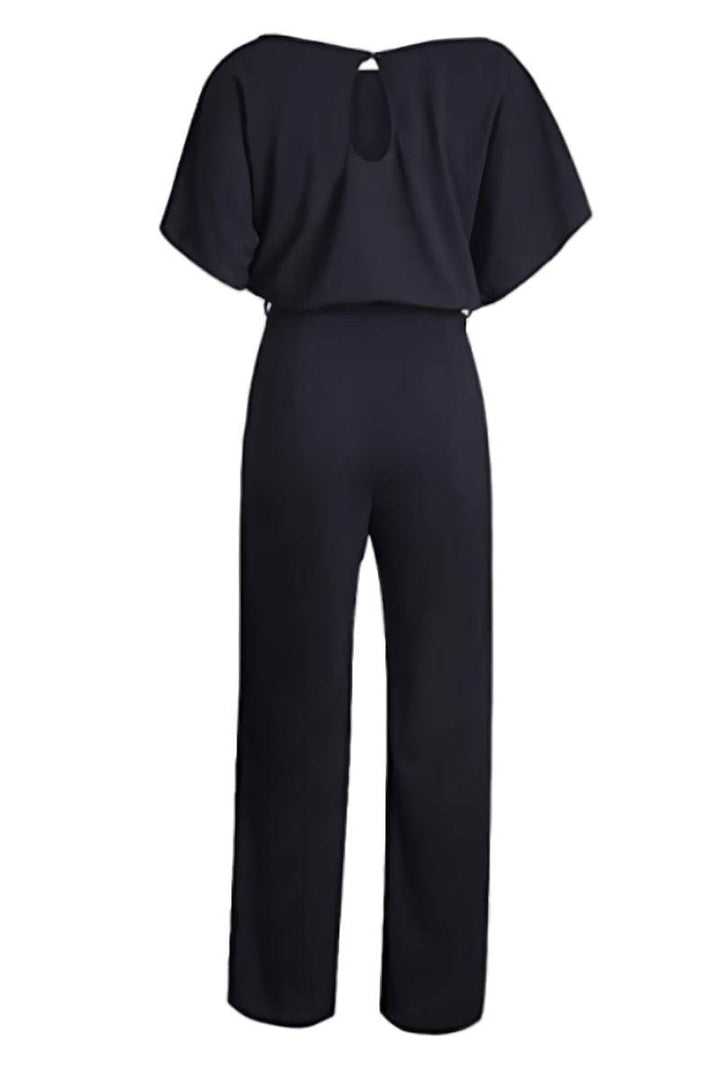 Women's chic wide-leg jumpsuit with batwing sleeves & belt, versatile one-piece for elegant or comfortable wear.