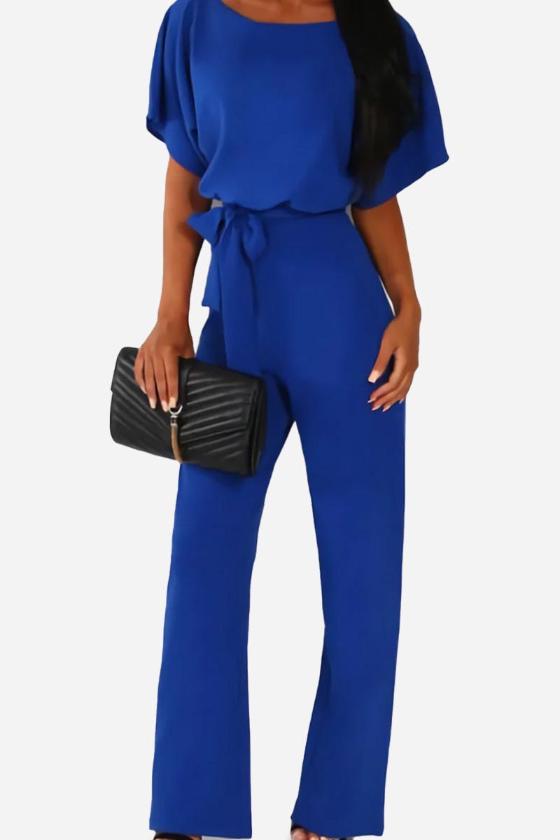 Elegant women's wide-leg jumpsuit, designed with flowing batwing sleeves & chic belted waist for any occasion.