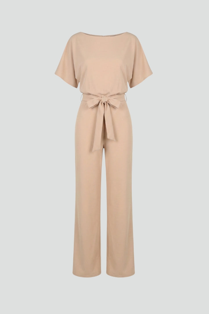 Women's wide leg short sleeve jumpsuit with a stylish belt, perfect for summer fashion.