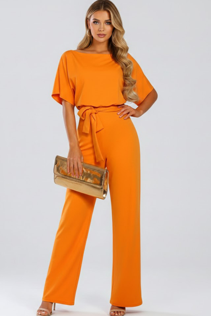 Summer fashion women's wide leg short sleeve jumpsuit with belt. A versatile and comfortable one-piece.