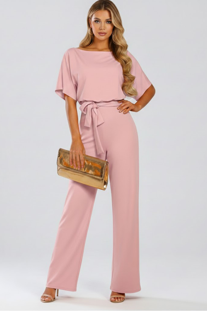 Complete your look with this women's wide leg short sleeve jumpsuit, featuring a stylish belt for summer.