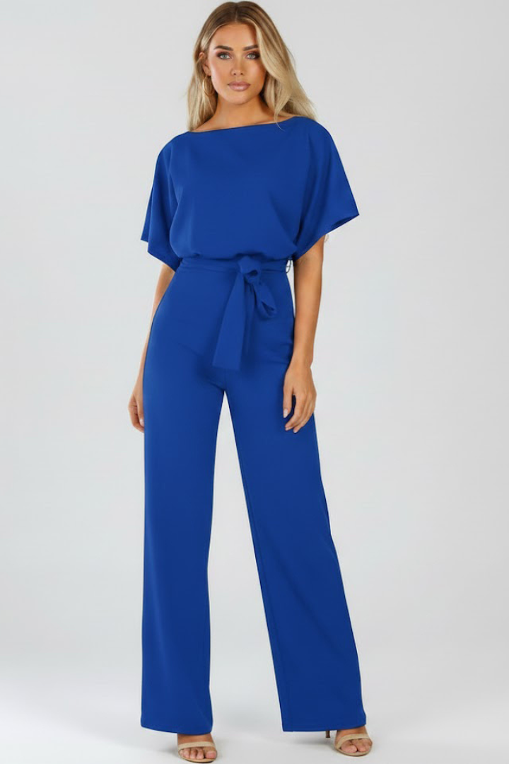 Simple women's wide leg short sleeve jumpsuit with belt, a comfortable and stylish one-piece outfit.