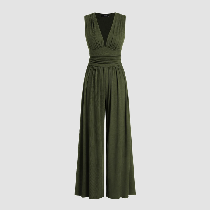 Modern women's wide-leg sleeveless jumpsuit, an elegant and versatile solid color fashion statement.