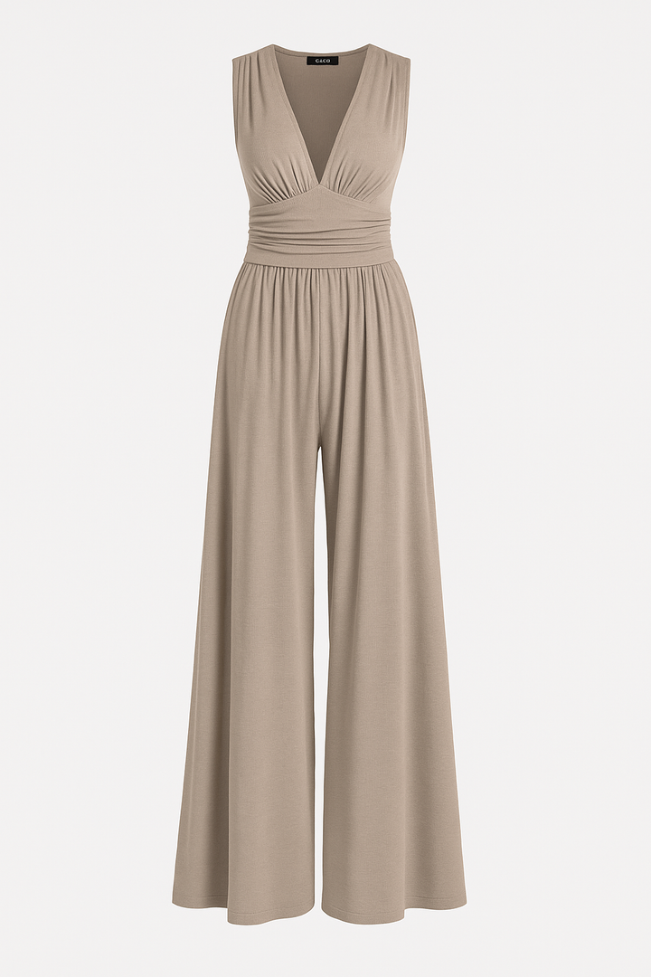 Stylish women's wide-leg jumpsuit, relaxed fit for comfortable spring & summer casual or evening wear.