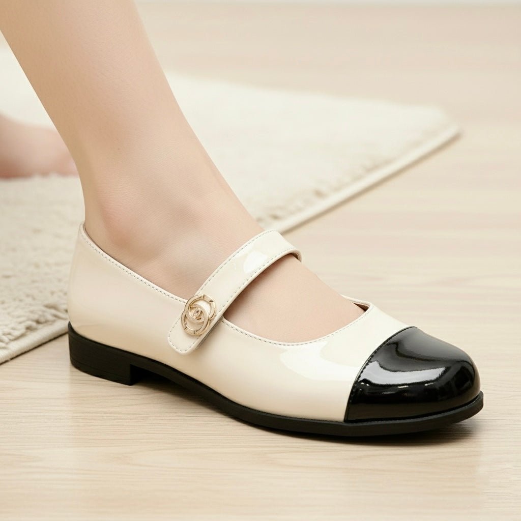 Mary Jane flats for women with adjustable strap, wide toe box, arch support & sleek patent finish.