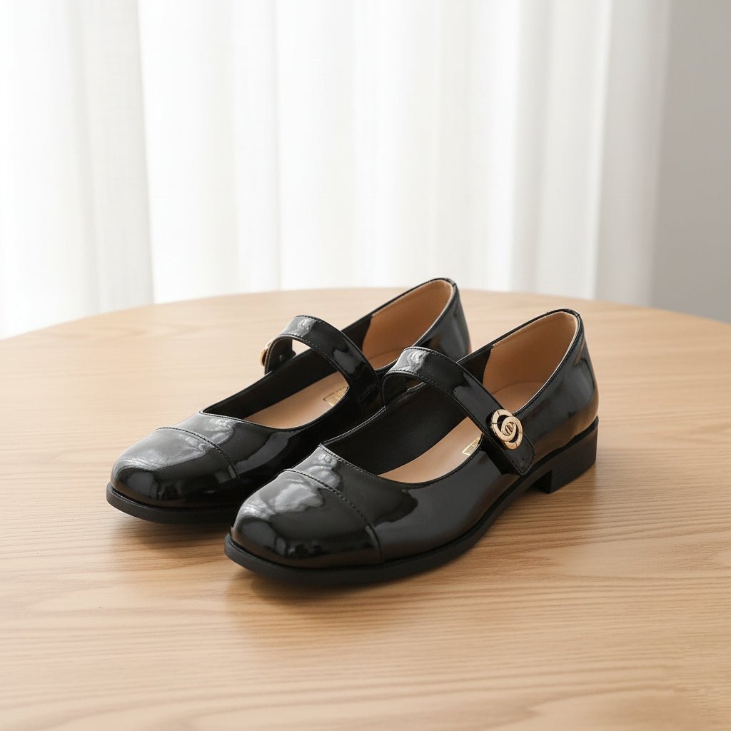 Close-up of wide toe box on women's Mary Jane flats, designed for ultimate comfort & healthy foot space.