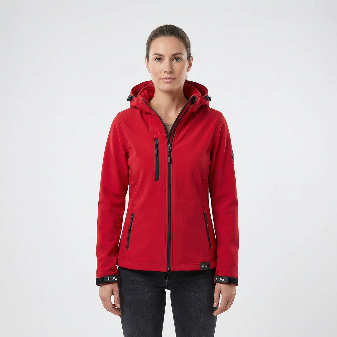 Women's windproof hooded softshell jacket for active outdoor adventures & everyday wear.