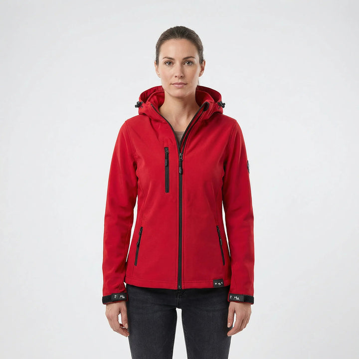Women's windproof hooded softshell jacket for active outdoor adventures & everyday wear.