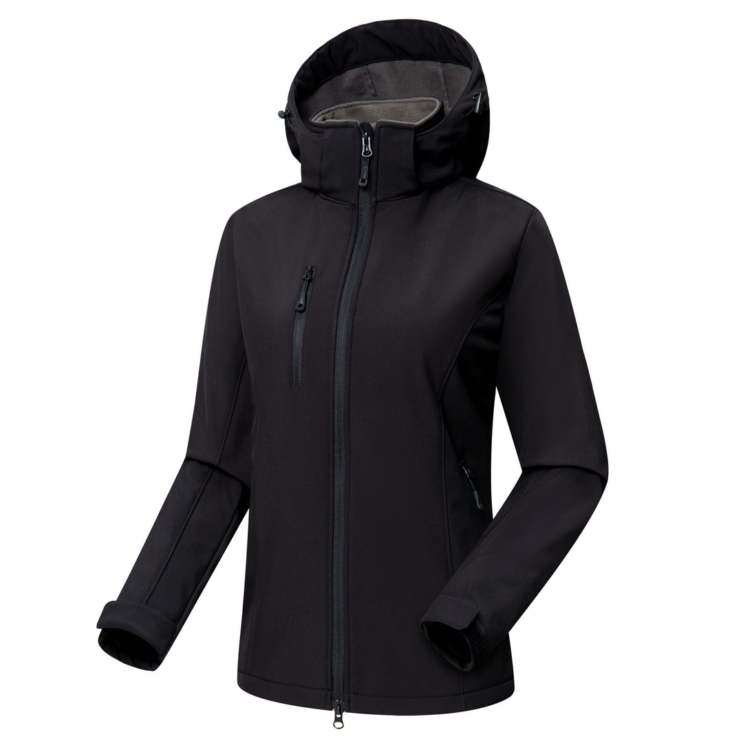 Versatile women's softshell jacket with hood, suitable for activewear, casual outdoor style, & travel.