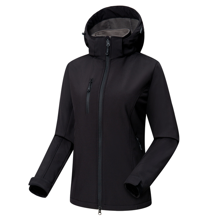 Versatile women's softshell jacket with hood, suitable for activewear, casual outdoor style, & travel.