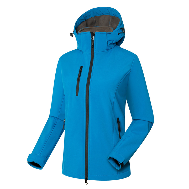 Durable women's softshell outdoor jacket, perfect for hiking, travel, and fall/spring fashion.