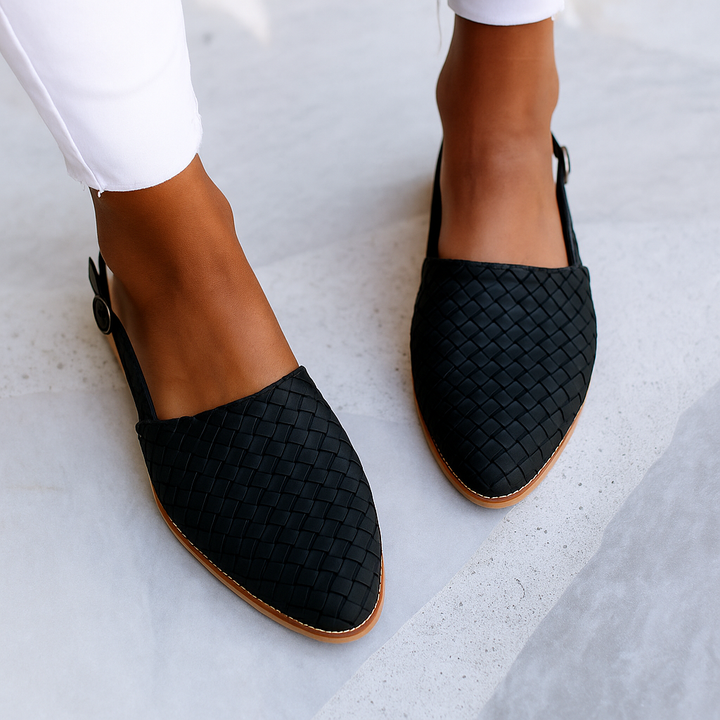 Everyday women's woven mules, comfortable slip-on flats with a chic closed toe.