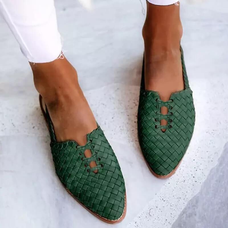 Chic women's woven pointed toe slip-on flat loafers. Perfect casual shoes for summer style.