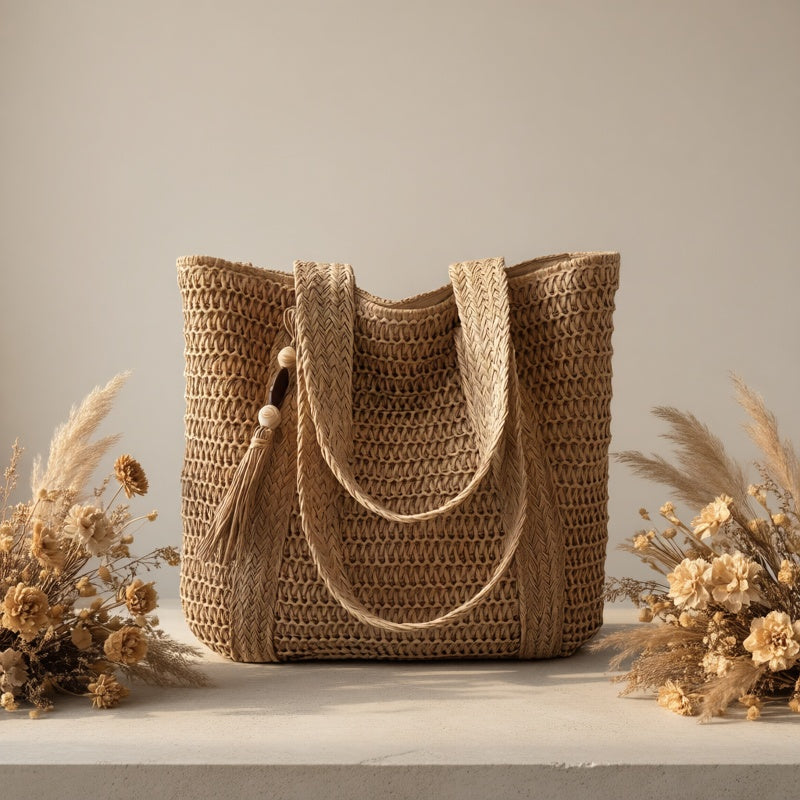 Chic beige straw tote bag for women, featuring a beautiful woven design and playful fringe tassel.