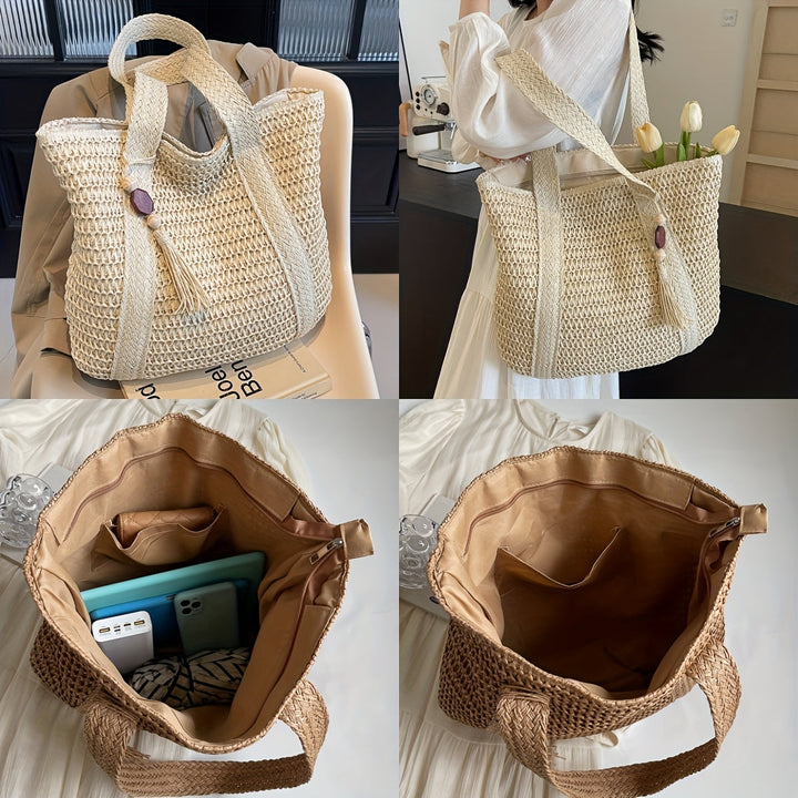 Durable women's natural fiber straw bag with fringe detailing, great as a summer travel or beach tote.