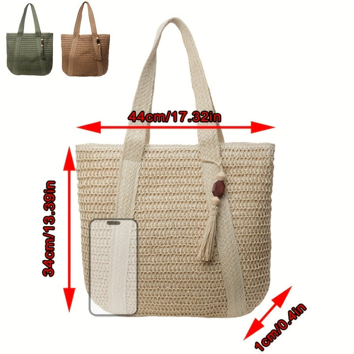 Trendy kaqise woven straw handbag with fringe, a stylish and practical addition to any summer outfit.
