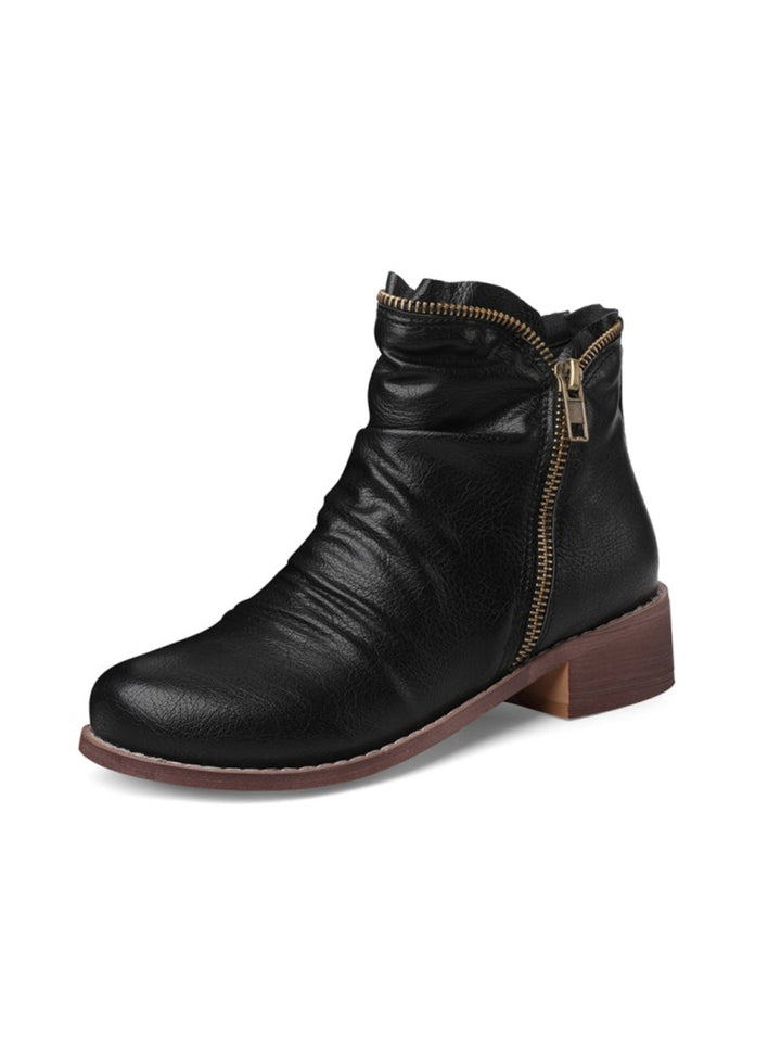 Women's wrinkled low heel western ankle boots with double zip, round toe, perfect for stylish fall fashion outfits.