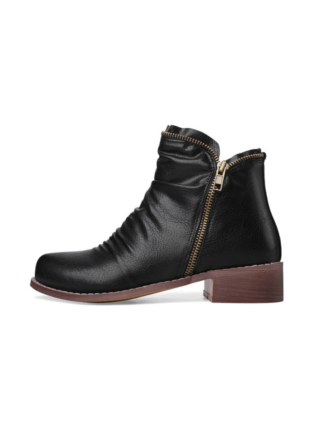 Stylish women's low heel western ankle boots, featuring wrinkled texture, double zip, and comfortable round toe design.