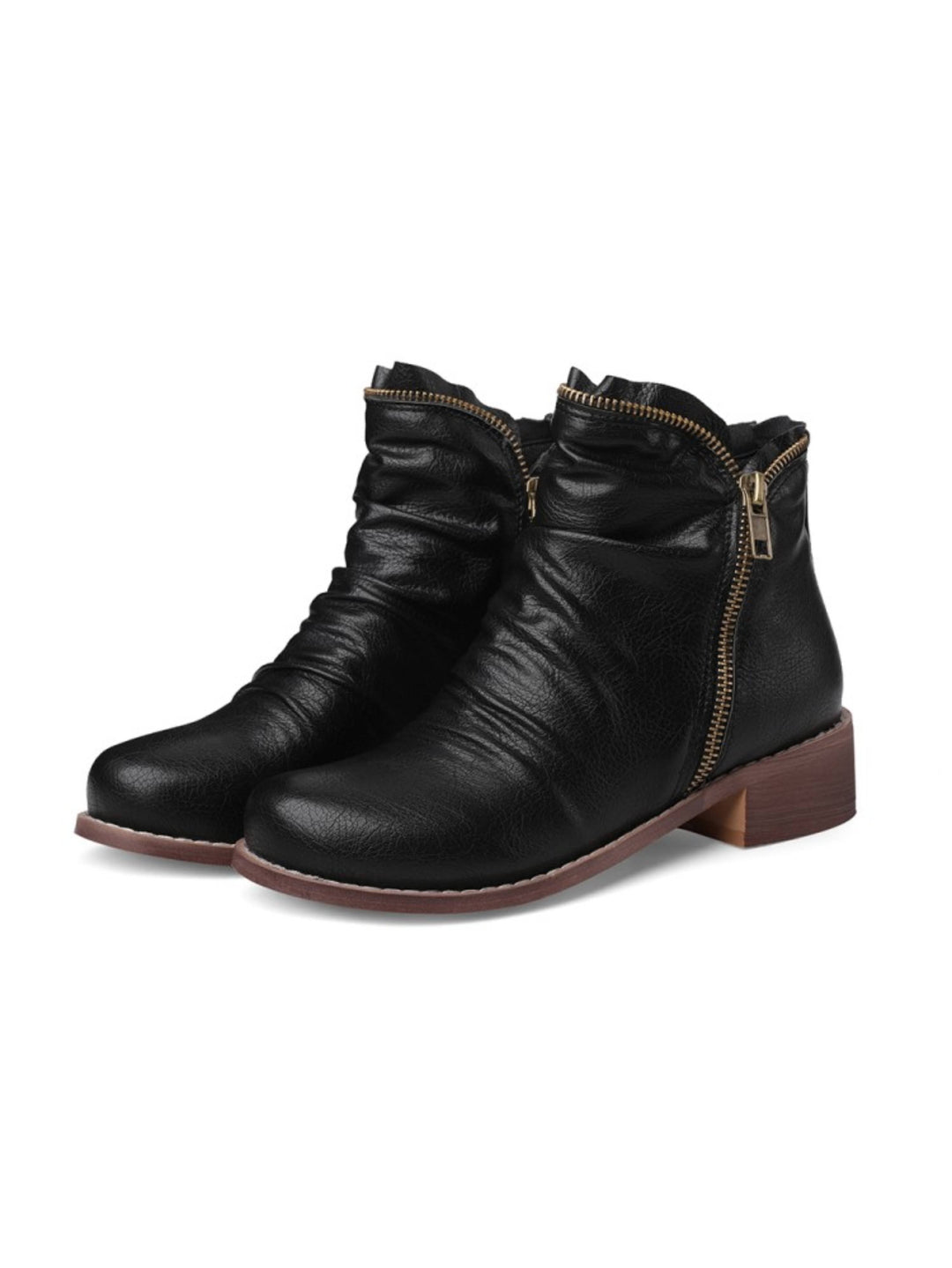 Versatile women's wrinkled low heel western ankle boots with double zip and round toe for effortless fall style.