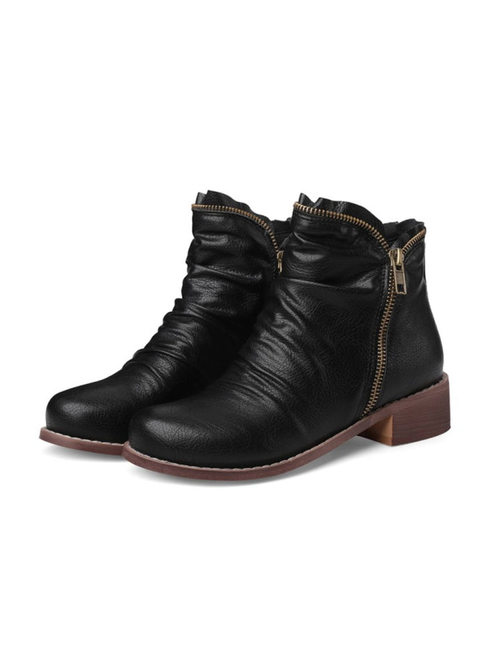 Versatile women's wrinkled low heel western ankle boots with double zip and round toe for effortless fall style.