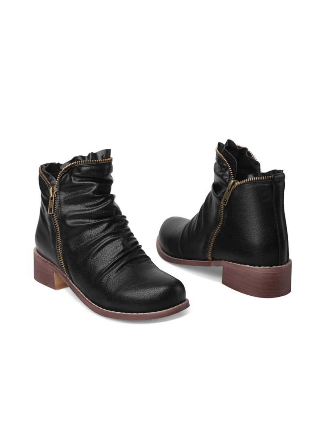 Stylish women's black western ankle boots, wrinkled detail, low heel, double zip. Perfect comfortable round toe footwear.