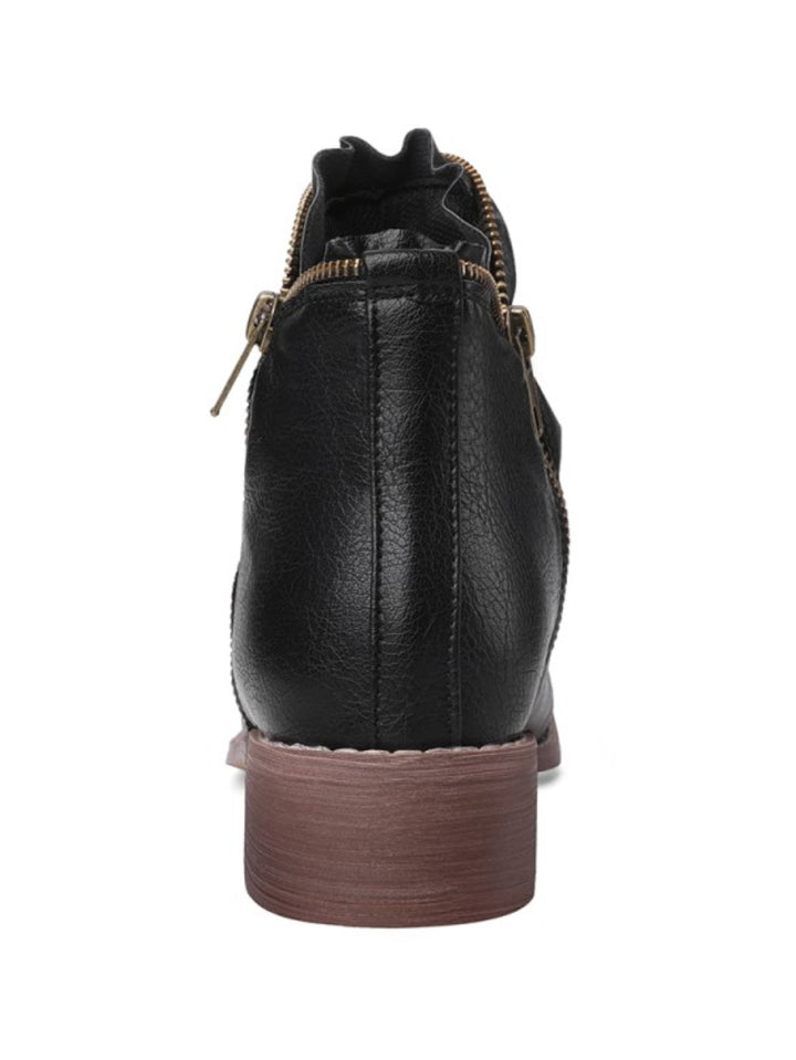 Women's fashion ankle boots: low heel, double zip, wrinkled texture, round toe, providing comfortable & stylish wear.